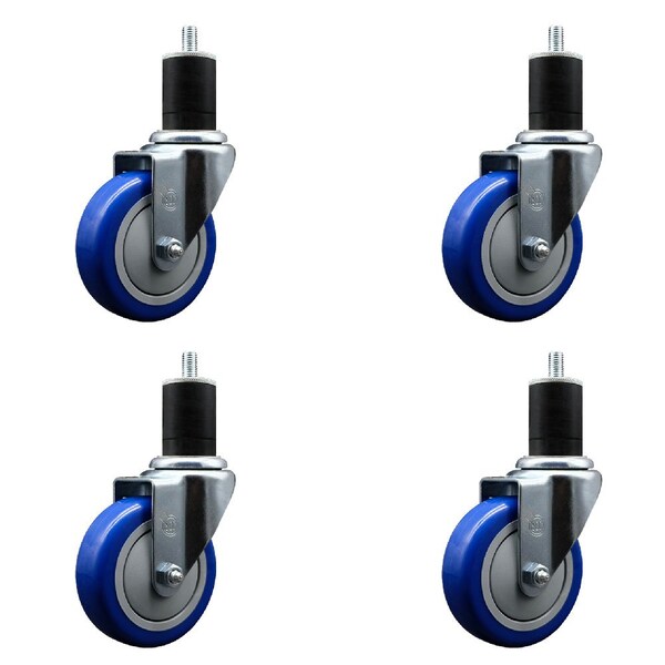 4'' Blue Poly Wheel Swivel 1-3/4'' Expanding Stem Caster Set, 4PK